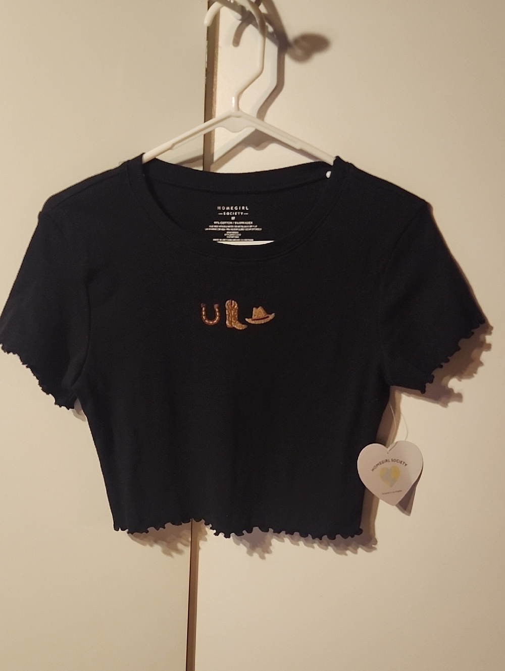 Black Cropped Tee with Gold Western Motif Ruffle Hem